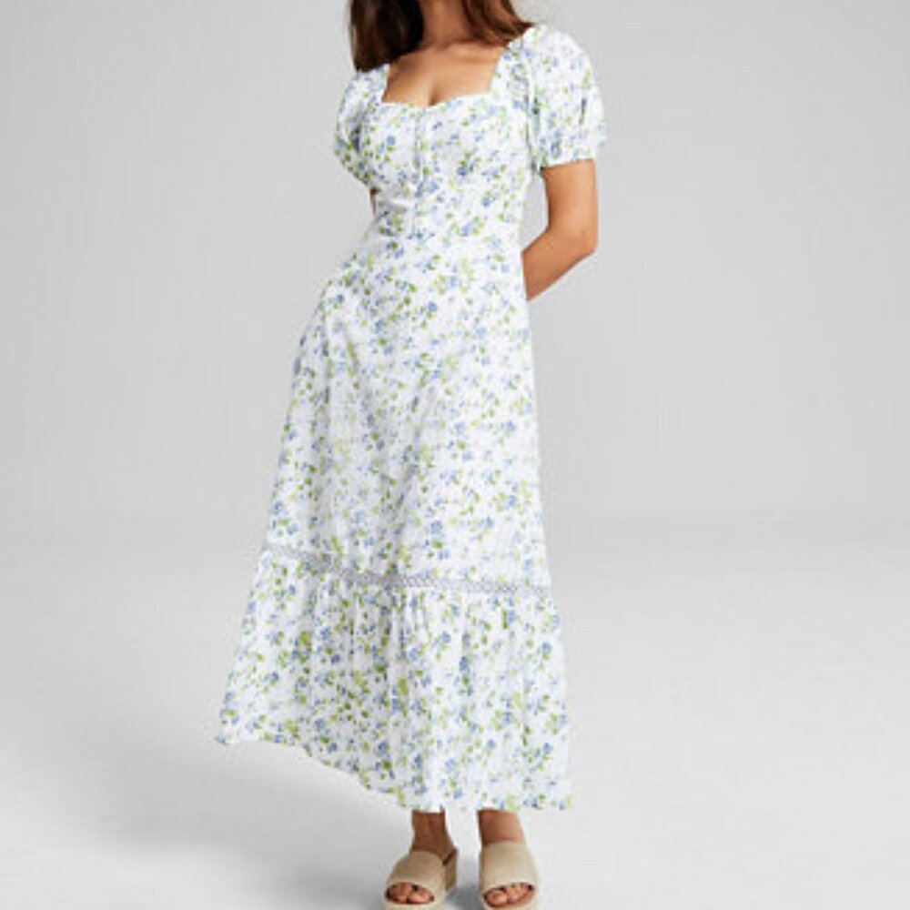 NWT Corset-Look puff sleeves Maxi Dress Blue floral cotton AND  NOW THIS